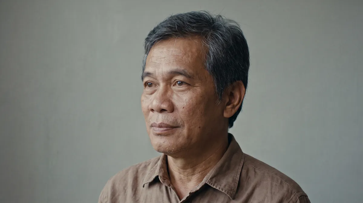 Ishem, a kind-faced middle-aged man in a brown work shirt