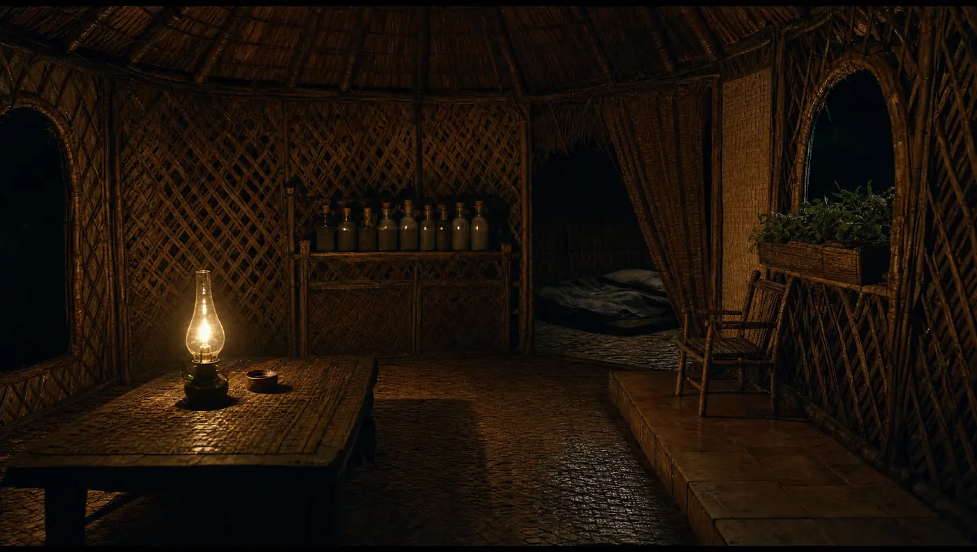 A one-room woven house at night, a lamp on the table, bottles on a shelf