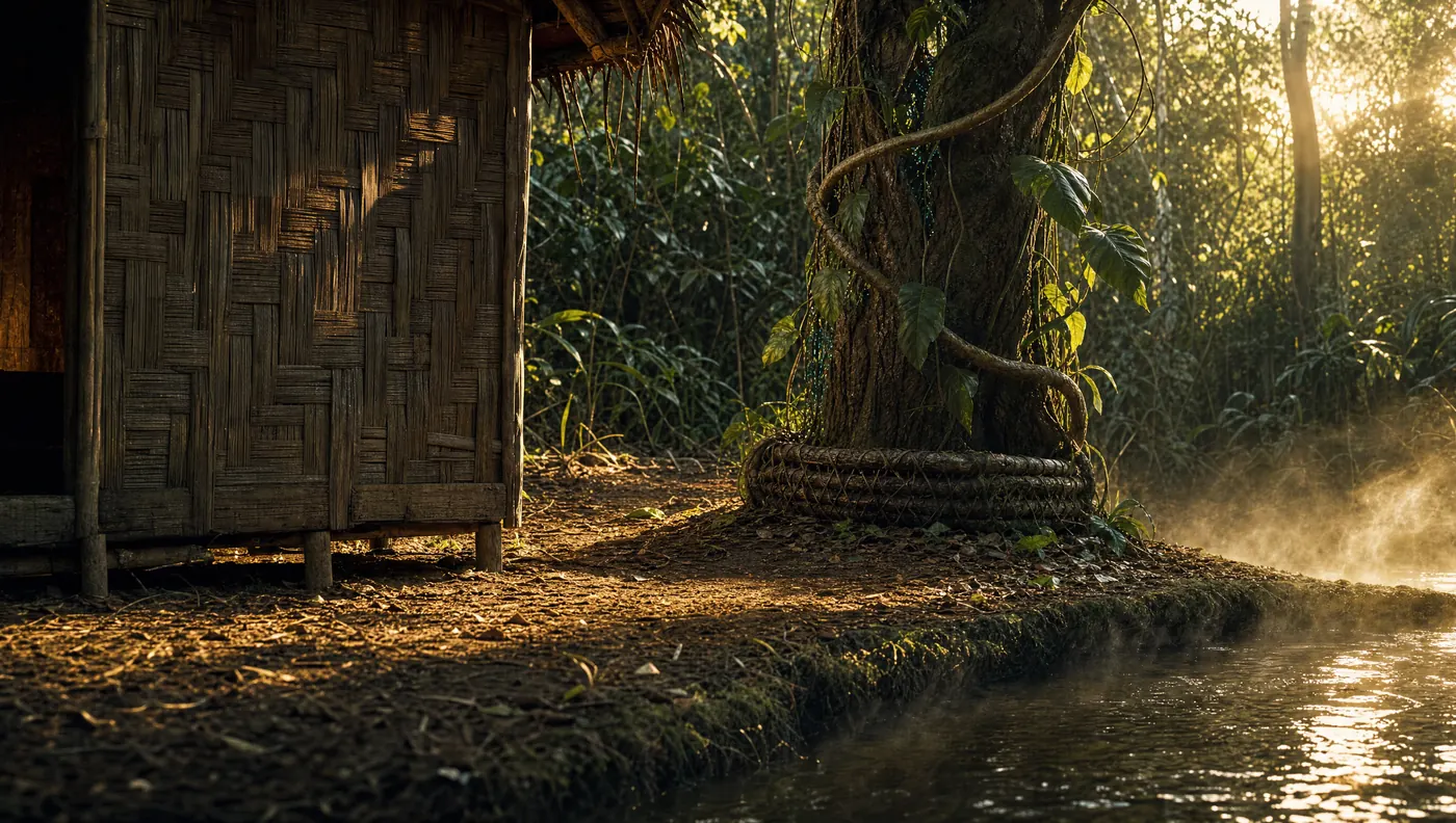 A great vine wrapped around a tree beside a woven hut, a braided collar at its base